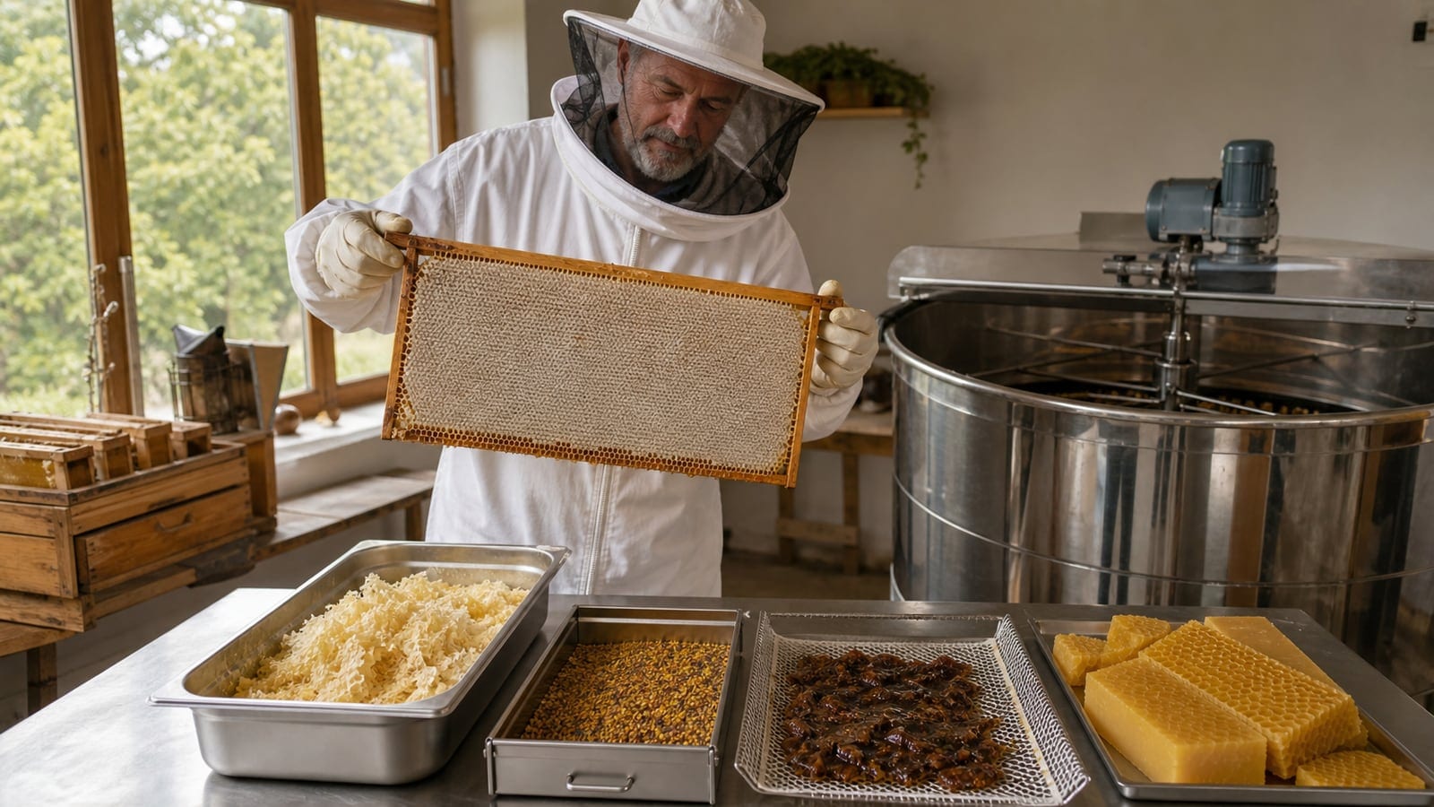 Temiz süzme alanında sırlanmış bal çerçevesi, polen, propolis ve balmumunu ayıran arıcı